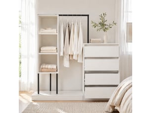 Meuble de rangement avec 4 tiroirs, 3 niches ouvertes et penderie pour chambre ou entrée, blanc, 100 × 40 × 135 cm