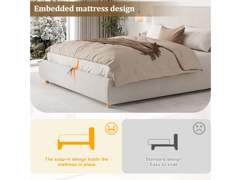 Lit coffre 180x200 cm avec sommier hydraulique, tête de lit rembourrée et pieds bois massif, velours crème Bubbly - Conforama R