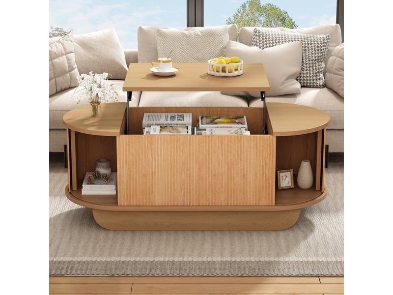  Table basse relevable ovale 100x50x42 cm - plateau hydraulique jusqu’à 55,5 cm, coffre et portes coulissantes - mdf - bois naturel CozyNest - Conforama E