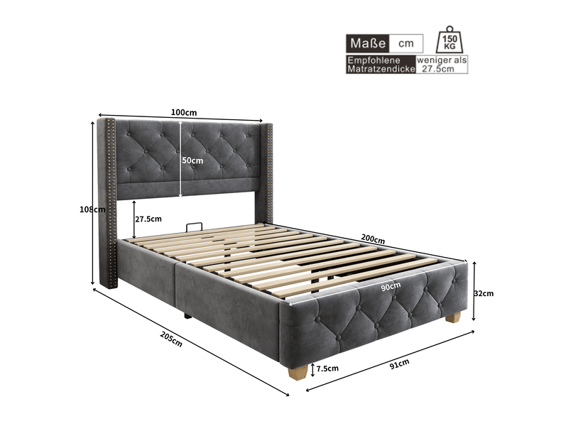  Lit 1 place 90x200 cm en velours gris avec sommier à lattes  - Conforama E