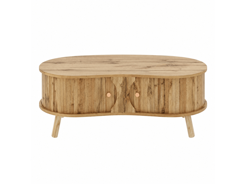  Table basse en forme de pois avec effet rainuré deux portes coulissantes piètement en bois massif et plateau en mdf aspect bois  - Conforama A