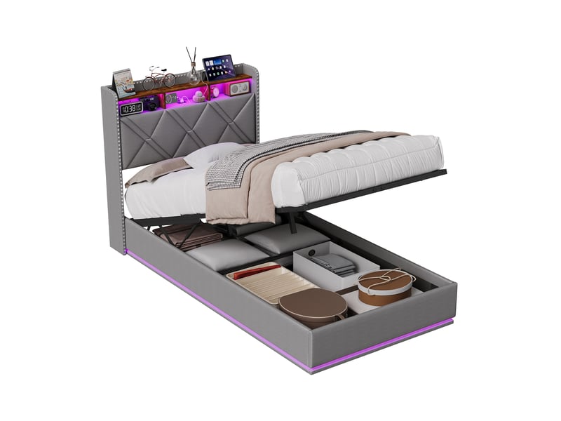  Lit coffre 90x200 cm - led intégrée et rangement - tête de lit avec étagères - sommier relevable  - Conforama A