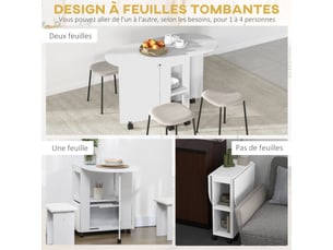 Table à manger pliante sur roulettes, table de cuisine pour 4 personnes, 2 abattants et 2 étagères, blanc, 120x60x77cm