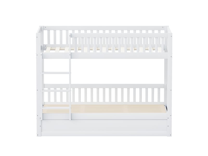 Lit superposé enfant avec rangement hydraulique, bois massif blanc, 90x200 cm, structure robuste - Conforama A