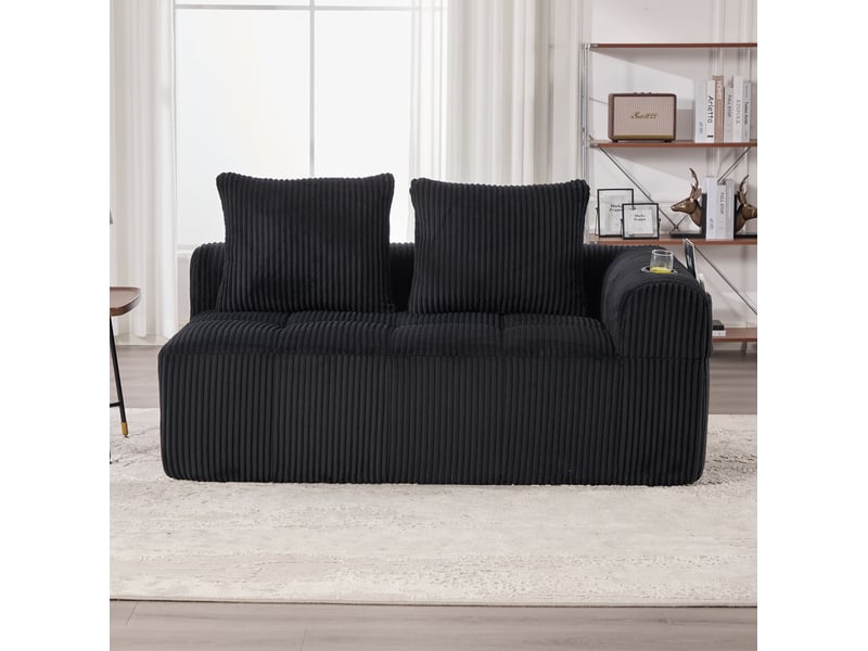  Canapé 2 places compact 158x93x61 cm, velours côtelé noir, poches latérales, porte-gobelets incorporés, rembourrage épais  - Conforama D