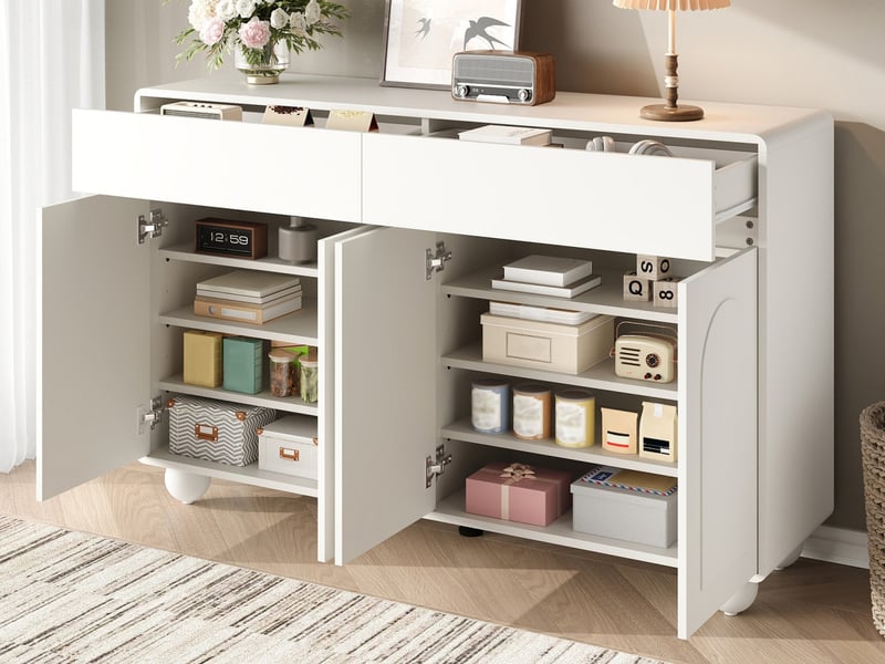 Buffet de salon à portes incurvées, meuble de rangement moderne en aggloméré et mdf, pieds ronds en métal, blanc - Conforama B
