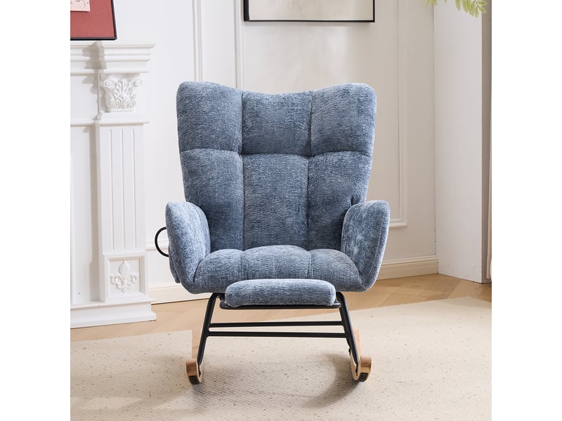  Fauteuil à bascule 63x92x89 cm bleu en tissu chenille, avec repose-pieds et poche de rangement pour salon  - Conforama C