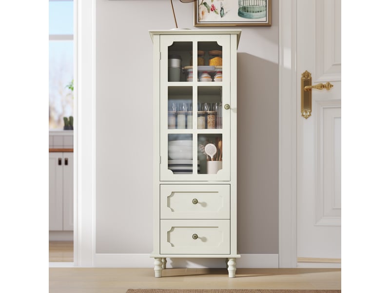  Buffet - 50x40x133 cm - meuble de rangement haut avec porte vitrée et 2 tiroirs, vitrine et buffet de cuisine - blanc  - Conforama D