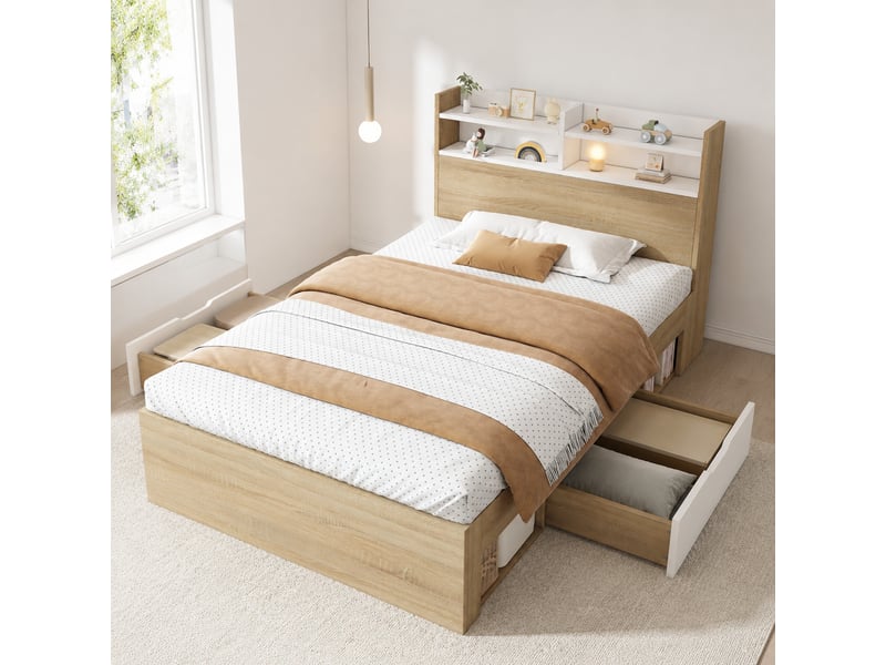  Lit 1 place 90x200 cm avec matelas, 2 tiroirs, niches de rangement, sommier à lattes, bois, blanc et chêne  - Conforama B