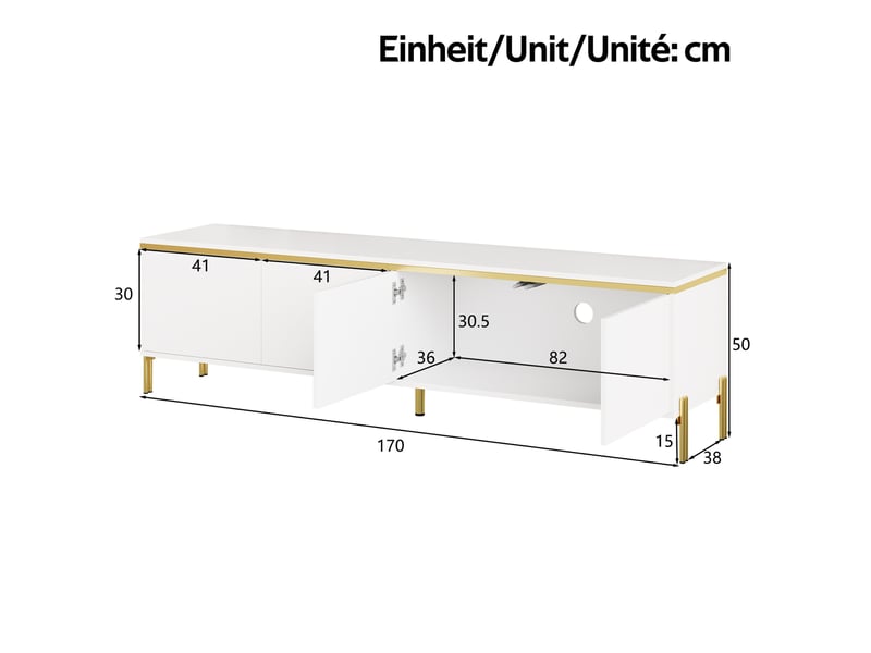  Ensemble meuble tv 170 cm et table basse avec rangements, blanc brillant et doré  - Conforama E