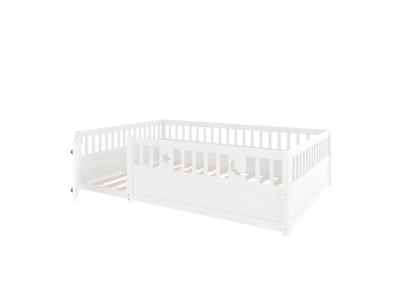  Lit enfant 140x190 cm blanc avec barrières, décor étoiles et lune, style minimaliste  - Conforama D