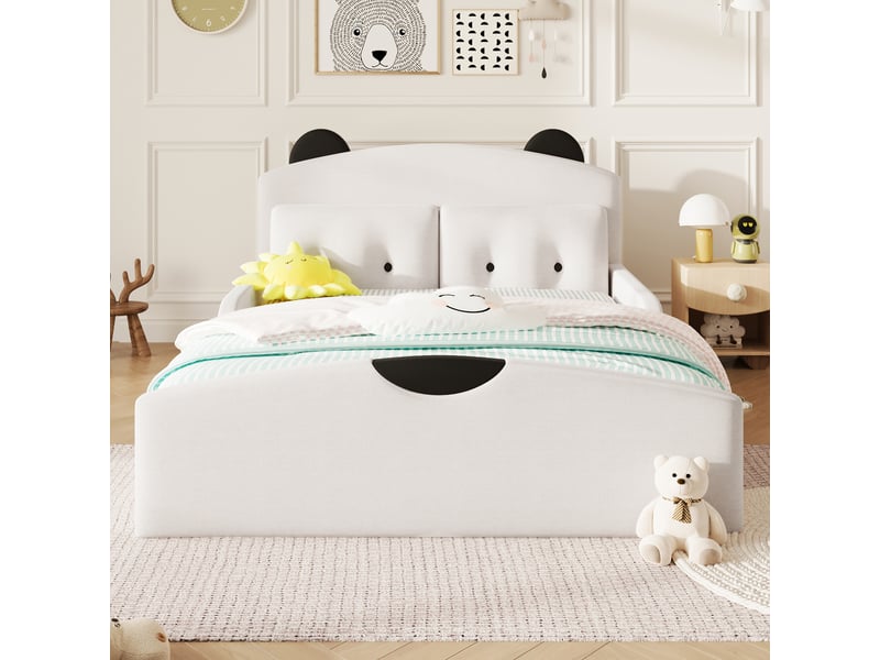  Lit enfant rembourré 140x200 cm avec tête de lit en forme d'ours, 2 coussins inclus, revêtement en lin, structure en mdf, blanc  - Conforama D