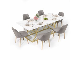 Table à manger 200x80x76 cm, 8-10 pers, plateau effet marbre(non marbre), pieds métal réglables, mdf, blanc et doré