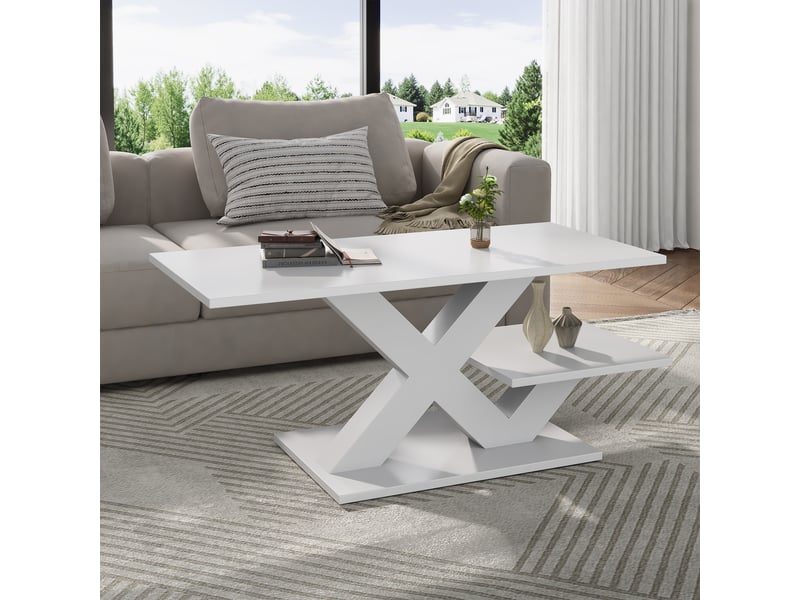  Table basse blanche brillante, table de salon rectangulaire en mdf avec double plateau de rangement et pieds géométriques en x, 100x48x45 cm  - Conforama B