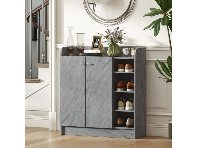  Étagère à chaussures moderne en bois avec 4 étagères ouvertes et un espace de rangement pour 12 paires, 83 x 30 x 90 cm, gris ciment  - Conforama C