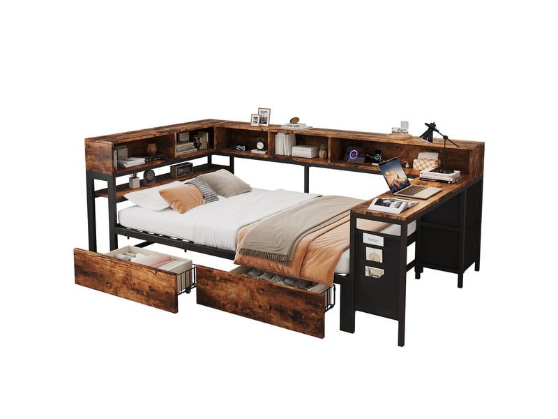  Lit 120x200 cm avec rangement, 2 tiroirs, étagères, port de charge, table latérale, métal, contreplaqué et mdf, noir et naturel OMNIGLINT TRADING LTD - Conforama A