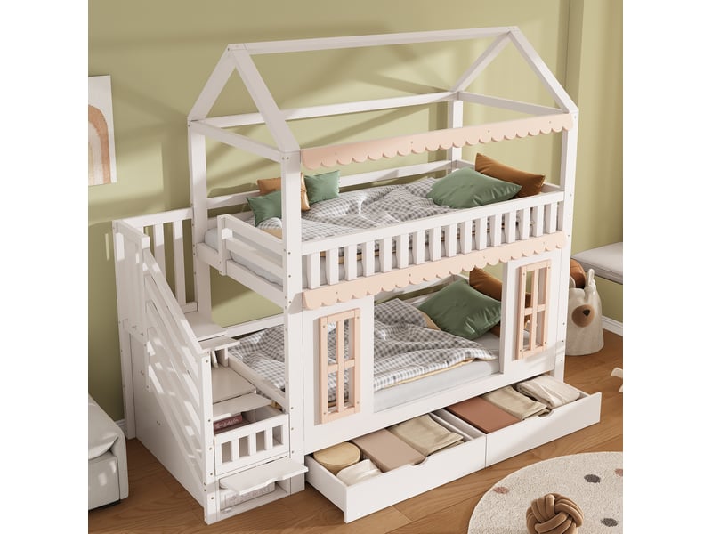 Lit superposé enfant 90x200 cm forme maison blanc et naturel avec rangements - Conforama E