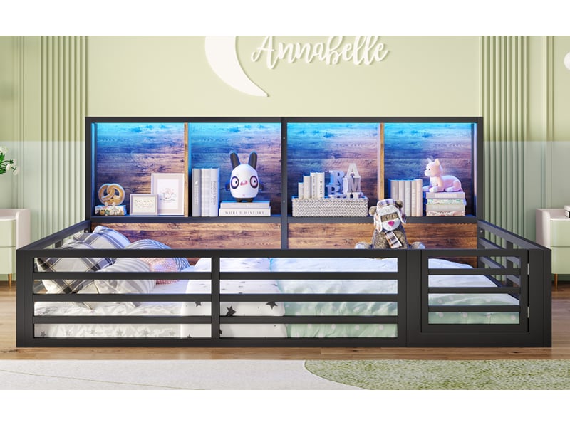 Lit enfant 140x200 cm en métal noir avec rangement latéral et éclairage led  - Conforama W