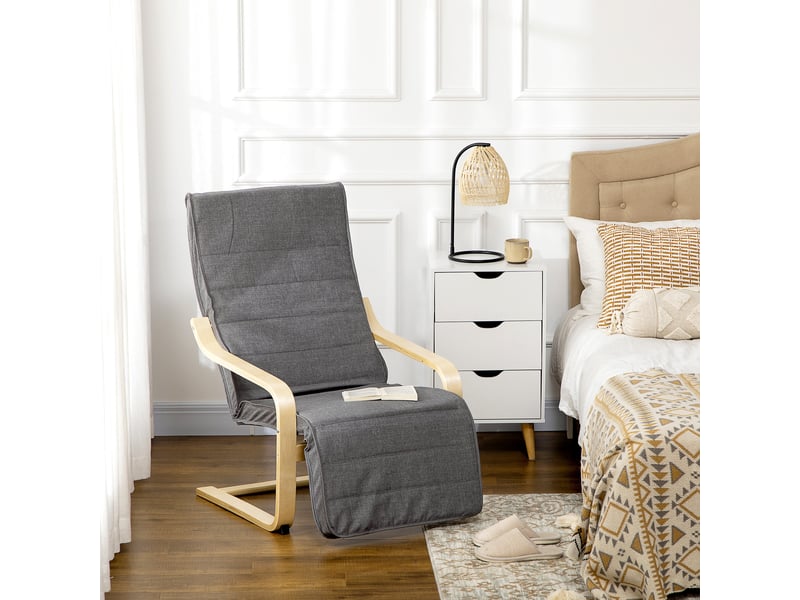  Fauteuil de relaxation avec repose-pieds, bois massif de bouleau, 94x66.5x100cm, gris  - Conforama C