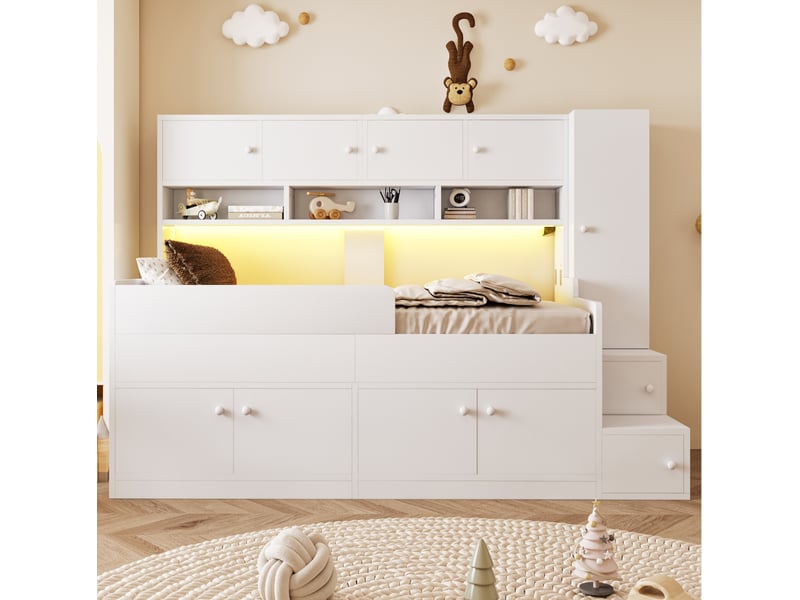 Lit enfant 90x200 cm avec rangements, armoire, échelle et led blanc - Conforama B