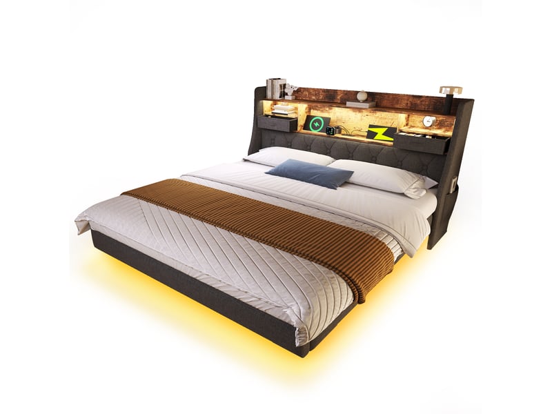  Lit double 140x190 cm avec led, rangements, ports usbtype-c, en lin gris  - Conforama A