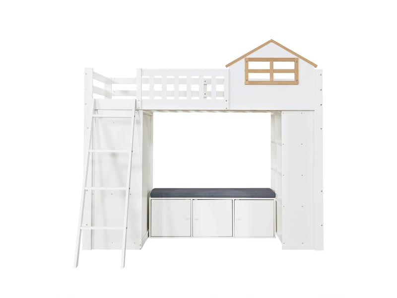 Lit mezzanine cabane enfant 90 x 200 cm avec échelle, armoire, étagères et banquette avec rangement, blanc et naturel - Conforama A