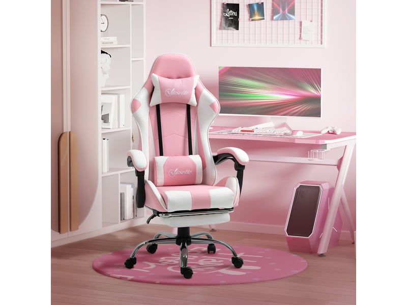 Chaise gaming ergonomique rose et blanche, réglable en hauteur, pivotante à 360°, avec appui-tête et coussin lombaire - Conforama B