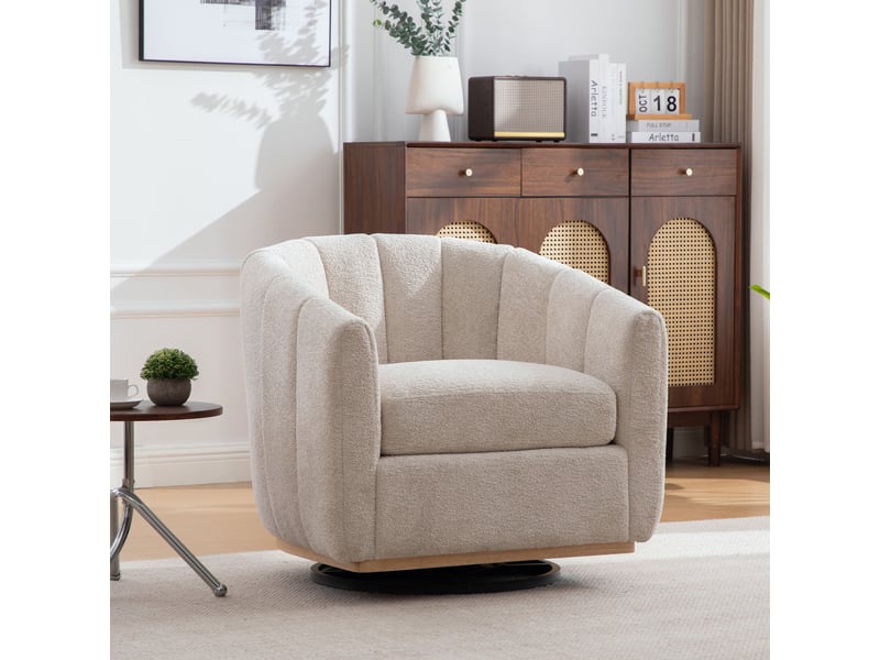  Fauteuil lounge pivotant avec repose-pieds en chenille beige – 81 x 73 x 75,5 cm Fay Lum - Conforama B