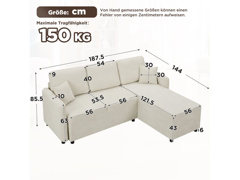 Canapé d’angle 3 places modenvie avec méridienne droite, revêtement en chenille, mousse haute densité, beige clair, 187,5 x 144 x 85,5 cm  - Conforama C