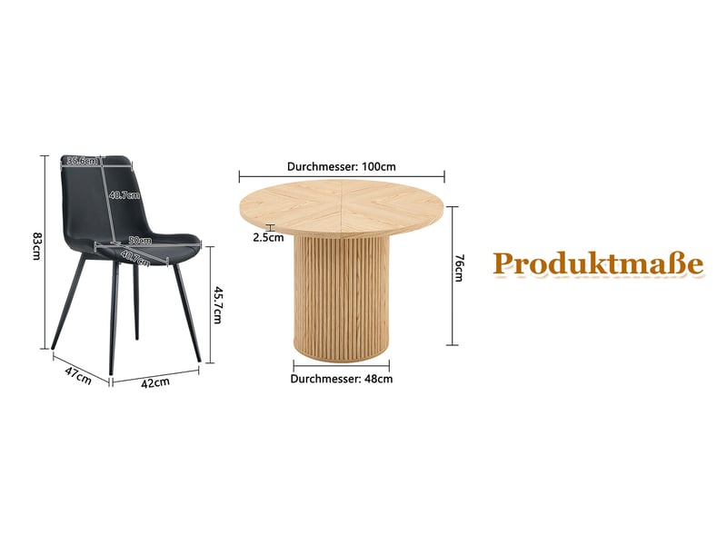  Ensemble table et chaises salle a manger ronde, table à manger avec 4 chaises en similicuir noir en mdf de 100 cm de diamètre  - Conforama C