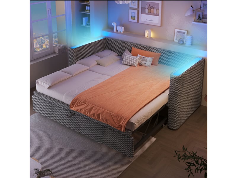 Lit gigogne rembourré 90x200 cm coloris gris led velours lit adulte gris - Conforama B