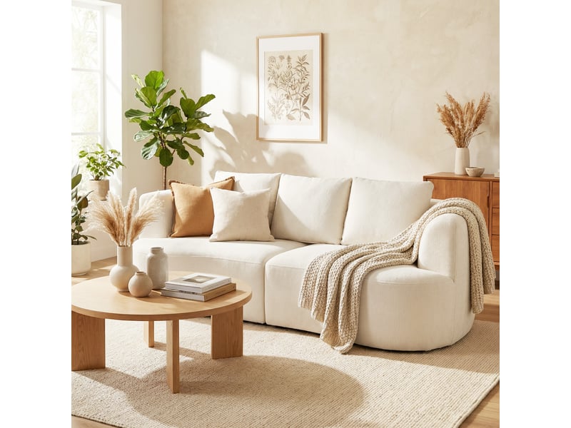  Canapé 3 places en chenille 260 cm, canapé salon, assise large, pas de montage nécessaire, 3 coussins, crème  - Conforama A