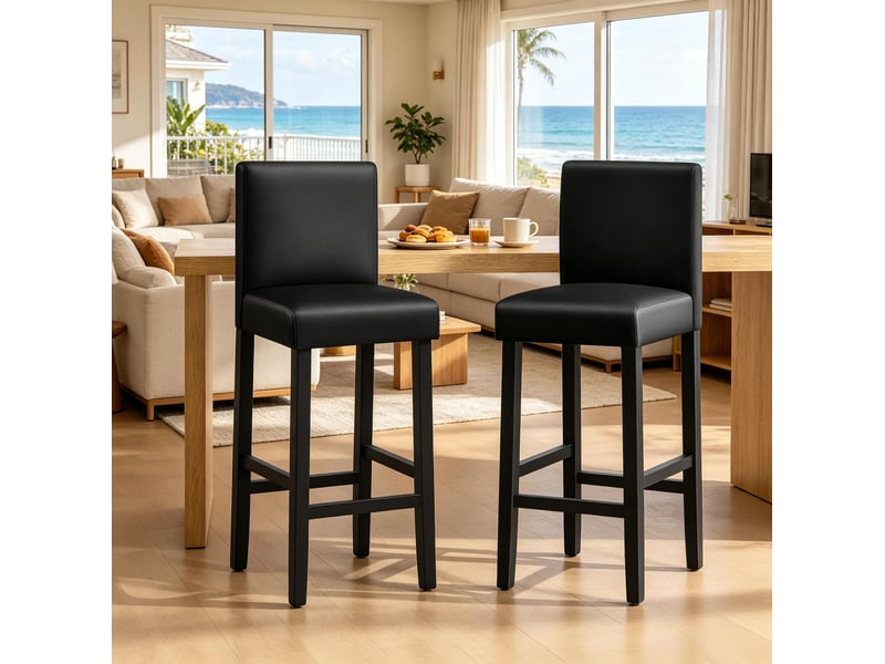 Tabouret de bar lot de 2 avec dossier et repose-pieds, assise rembourrée en similicuir noir et bois - Conforama E