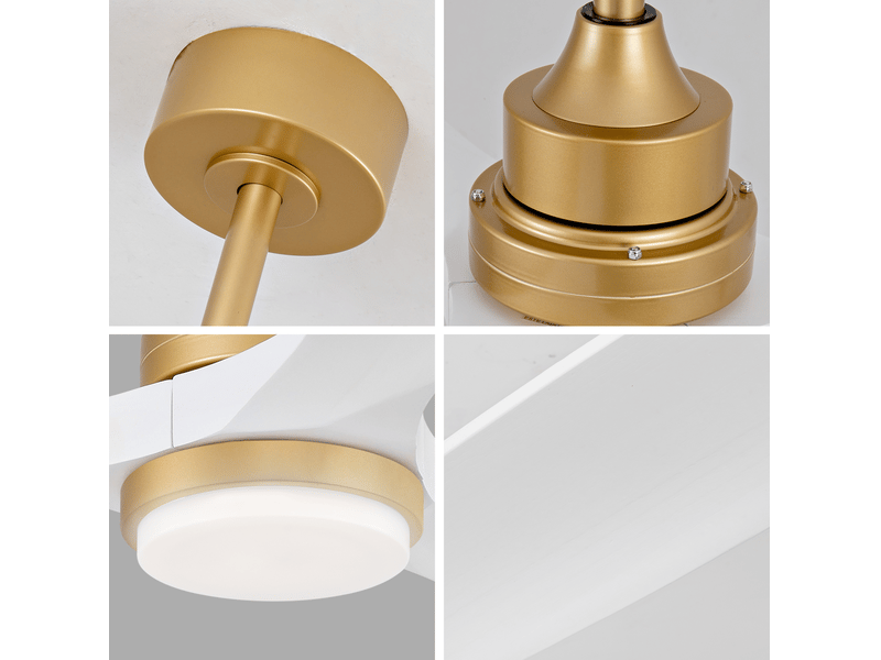 Ventilateur de plafond 52 pouces avec lumière, télécommande, moteur dc réversible, bois , blanc et doré - Conforama D