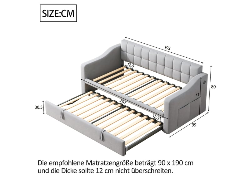  Lit banquette convertible 2 en 1 90 x 190 cm gris clair en velours avec ports usb et poche de rangement  - Conforama E