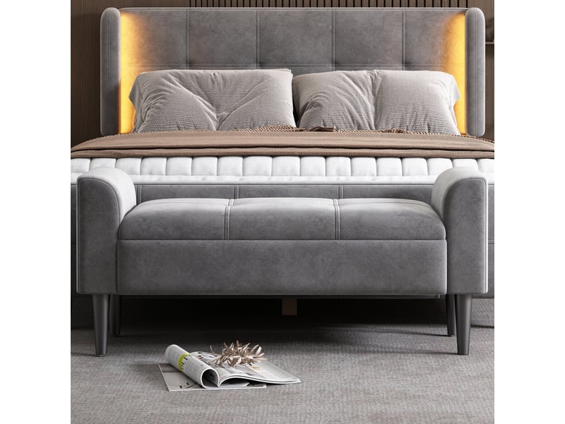  Banc d'appoint rembourré, velours gris, dossier à motif piqué, accoudoirs, idéal chambre, entrée ou salon  - Conforama E