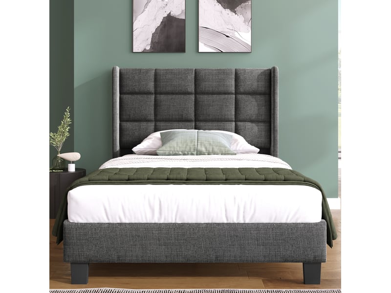  Lit simple capitonné avec sommier à lattes 90x200 cm en lin gris  - Conforama D