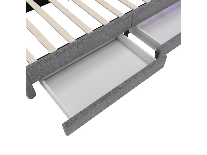  Lit banquette 90x200 en lin gris avec tiroirs - éclairage led, usbtype c et étagères  - Conforama R
