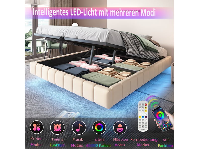  Lit capitonné 160x200 cm cadre hydraulique rangement led toile beige sans tête  - Conforama E