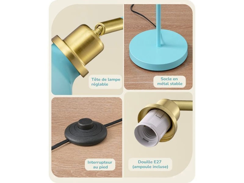  Lampe sur pied industrielle 155 cm bleu clair tete orientable 350° 2700k e27 370618_AADDE38316_6_DROPFR - Conforama E