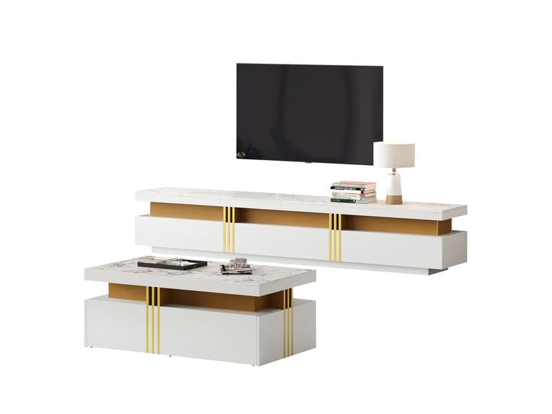  Table basse avec rangement ensemble et meuble tv rangement multifonctionnel finition blanche  - Conforama E