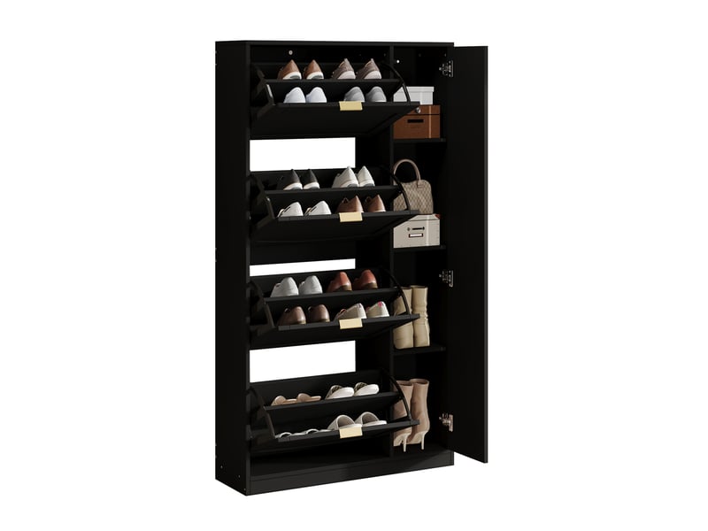  Meuble à chaussures 80x24x147 cm avec miroir, 4 compartiments basculants, panneau de particules, noir  - Conforama E