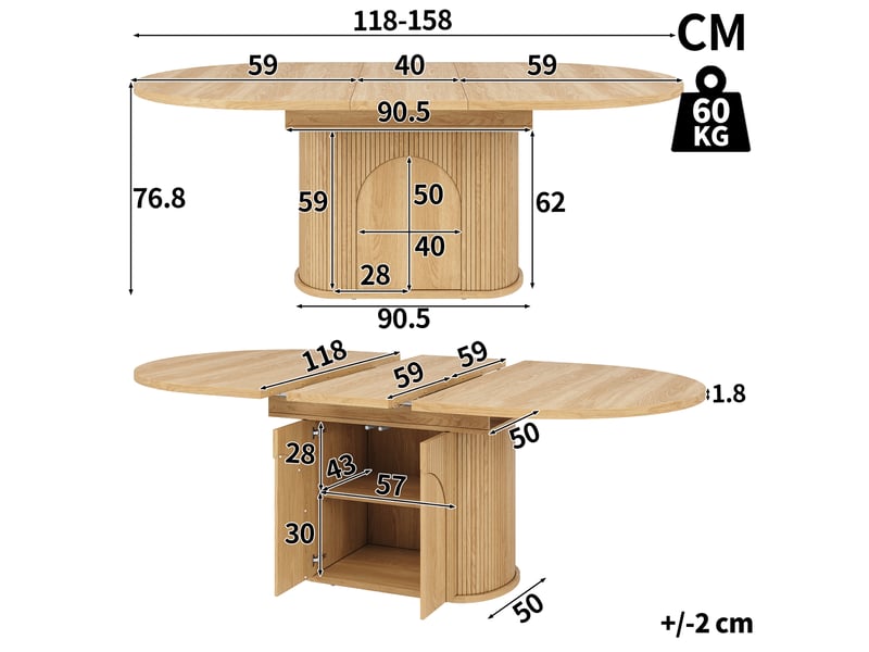  Table à manger ovale extensible 118-158x118x76,8cm naturelle, 2 à 6 personnes, rangements fermés, étagères réglables et portes push-to-open, pratique  - Conforama D