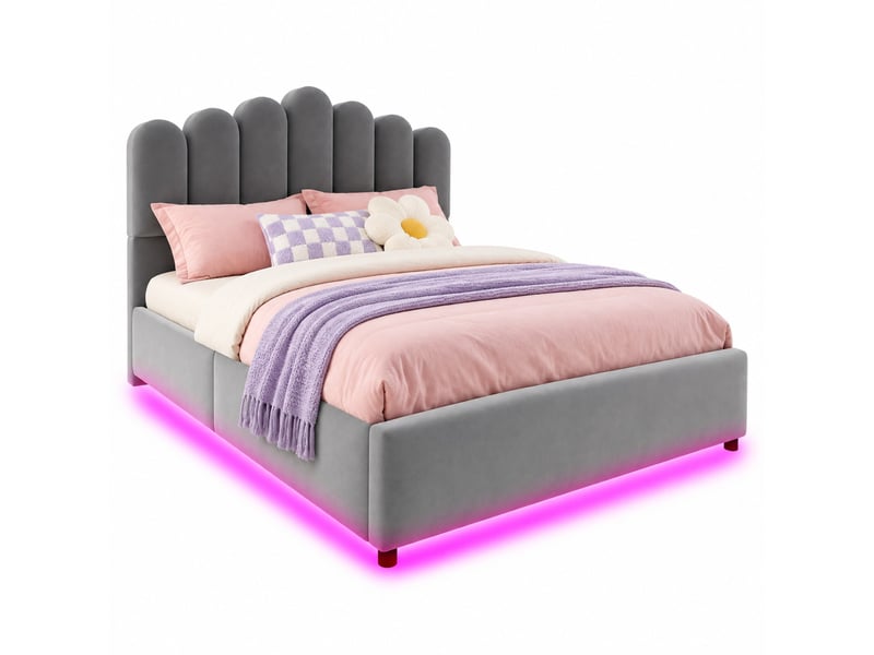  Lit coffre 140 × 200 cm 2 places avec led multicolore et rangement hydraulique, sans matelas, velours gris  - Conforama A