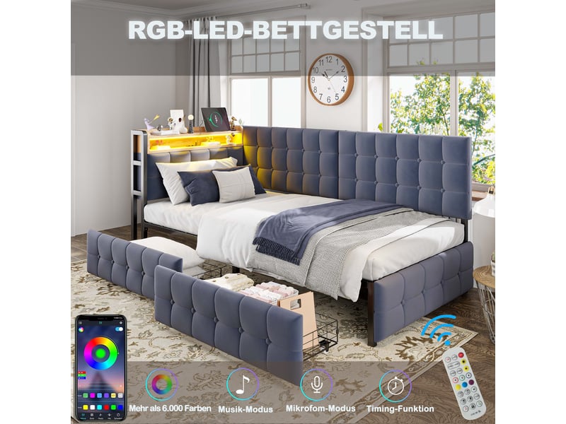  Canapé-lit 90x200 cm avec 2 tiroirs, led et ports usb-c, velours gris, sans matelas  - Conforama E