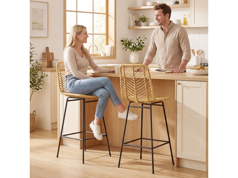  Lot de 2 tabourets de bar design bohème hauteur 66 cm avec repose-pieds métal et rotin pe - naturel  - Conforama C