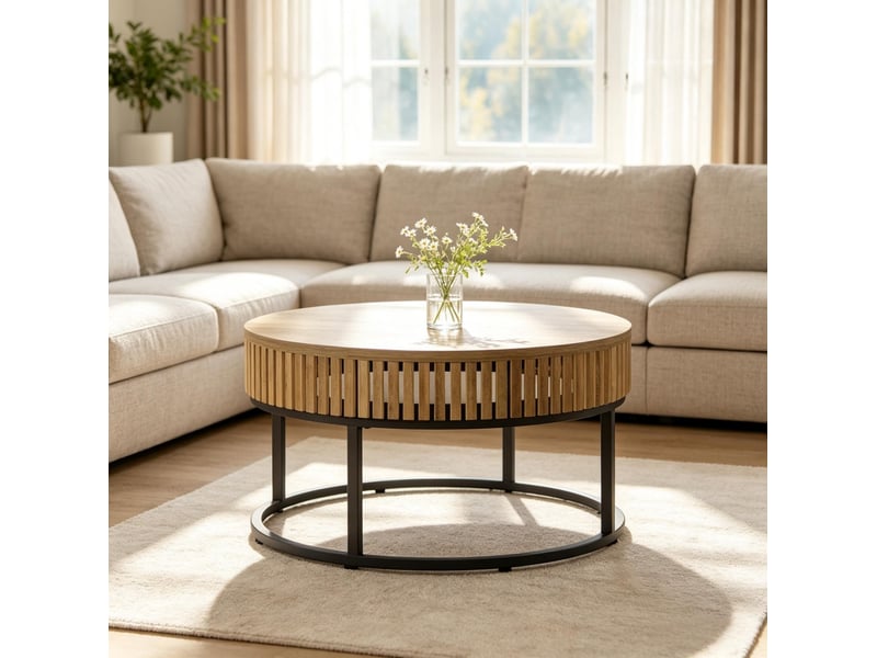  Table basse ronde 80 cm mdf et métal evryae  - Conforama D
