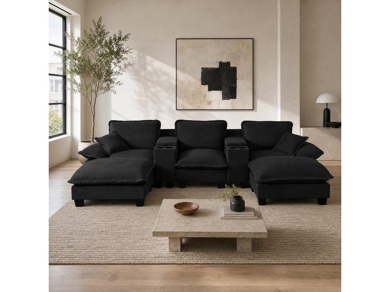  Canapé modulable en u modenvie 5 places en tissu chenille noir avec 2 ottomans, 2 coussins, usb, rangement et porte-gobelets, 323 x 155 x 90 cm  - Conforama B