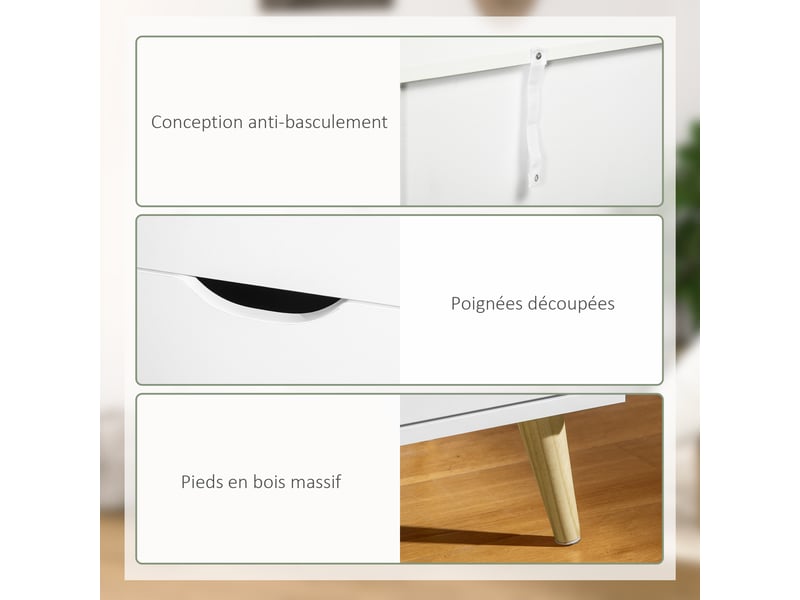  Commode 6 tiroirs meuble de rangement 5 pieds biseautés en bois  blanc 120 x 40 x 76 cm  - Conforama R