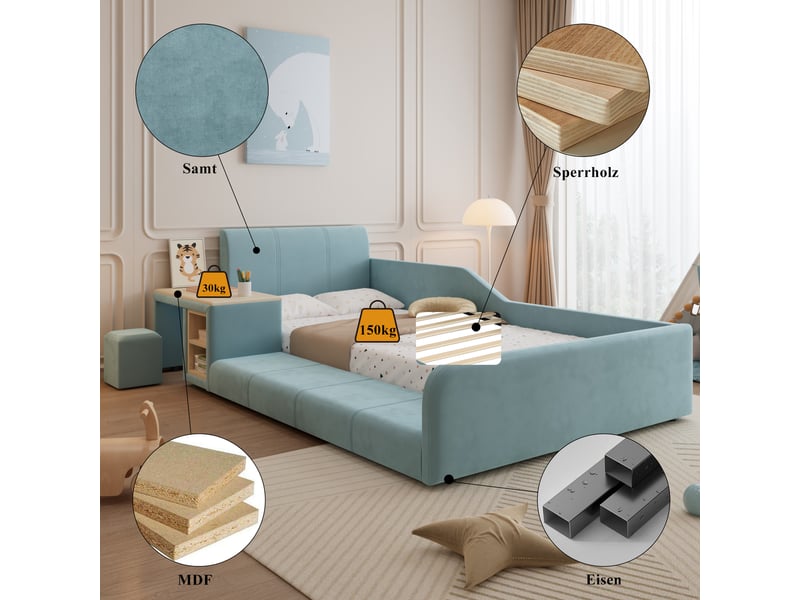  Lit simple capitonné pour enfant, bureau latéral, tabouret et étagère, 90x200cm, bleu, velours avec couchage sûr  - Conforama C